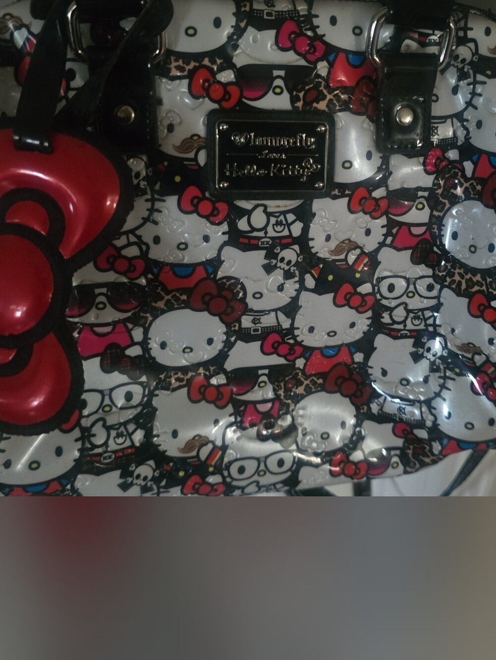 LOUNGEFLY  White Hello Kitty Pattern Patent Shoulder Bag with Red Bow Accent